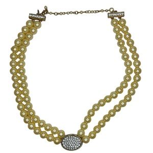 Avon Necklace Vintage 2 Strand Faux Pearl Gold Tone Rhinestone PC Initials